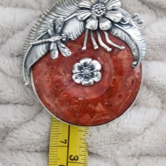 Artisan Sterling Silver and Red Floral Flower Dragonfly Pendant Chunky Boho - Picture 7 of 7